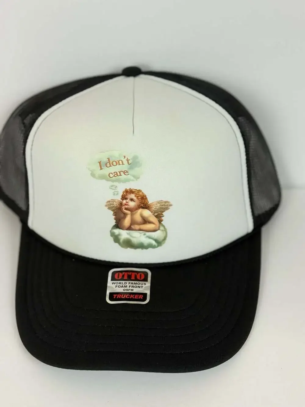 NWT Otto Cap Trucker Hat with Cherub 'I don't care' Graphic Print